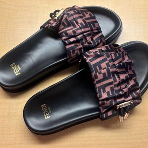 Fendi Black & Brown FF Logo Ruched Slide Sandals
